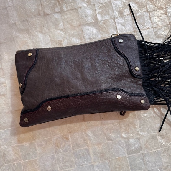Mz Wallace Brown Black Clutch Bag with Fringe western style purse suede leather - Picture 7 of 14